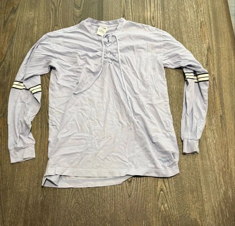 PINK Victoria’s Secret Womens Lace Up Long Sleeve T-Shirt Dog Graphic Blue Sz S